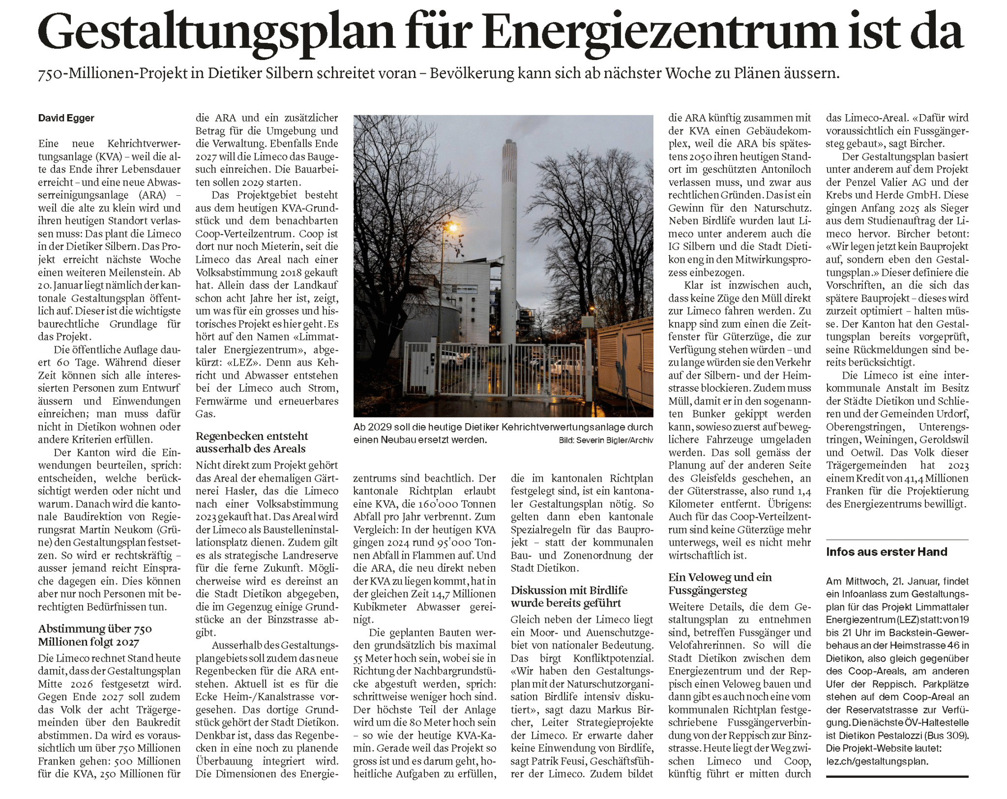 Artikel in der Limmattaler Zeitung über die Auflage des kantonalen Gestaltungsplan